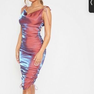 Pink Metallic Shimmer Cowl Neck Tie Strap Midi